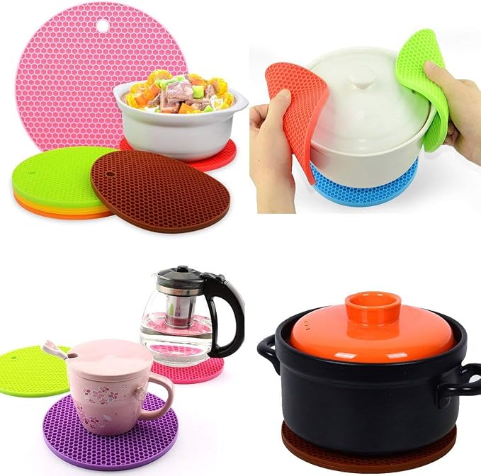 5 Pack Silicone Pot Holder Trivet Mats, Heatproof Trivets for Hot Dishes, Nonslip Insulation Honeycomb Rubber Hot Pads for Countertop, Extra Thick & Flexible Mats Heat Resistant Trivets (Multicolor)