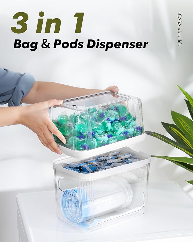iCASA Trash Bag Dispenser Dishwasher Pods Container Under Sink Organizer | 3 in 1 Stackable Trash Bag Holder Garbage Bag Dispenser for 13/30/33 Gallon Bags, Clear Storage Bins Laundry Pods Container