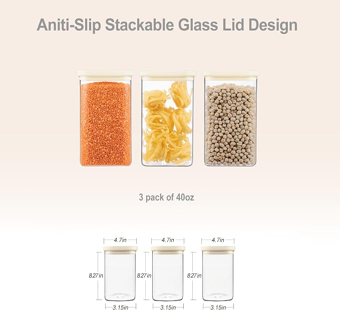 Glass Food Storage Jar with Glass Lid in Ractangle Shape, Food Canister Set with Airtight Lids, Pantry Storage Jar for Kitchen Organization. Food Storage Containers in Pack of 3, 40oz.