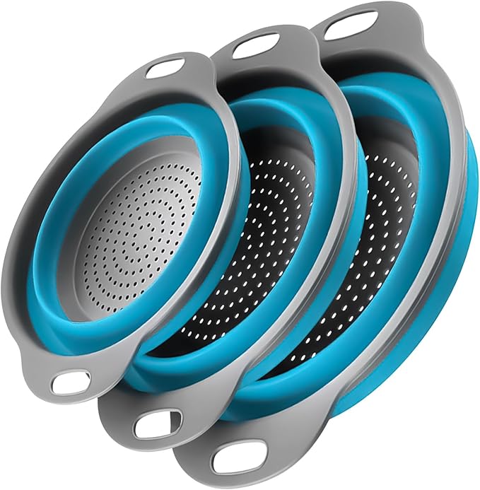 Collapsible Colander Set of 3, Space-Saving Silicone Strainers with Handles, Heat Resistant Food Draining Baskets for Vegetables, Fruits, Pasta, Kitchen, RV & Camping Use (Blue)