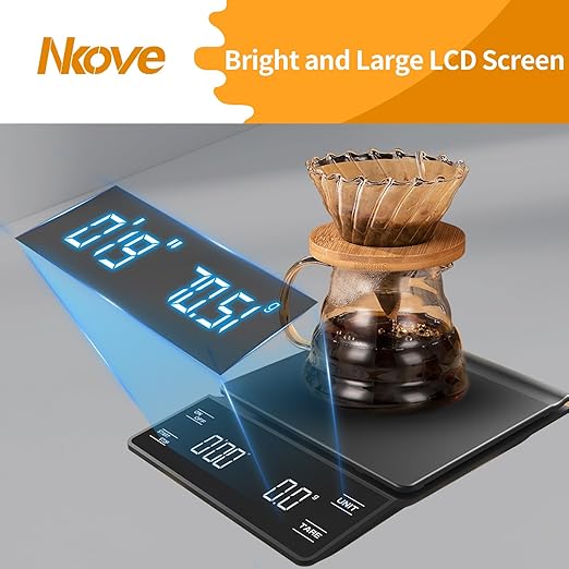 NKOVE Coffee Scale with Timer, 0.1g High Precision Espresso Scale 3kg | Digital Coffee Weight Scale with Tare Function, LED Display, Battery Powered, for Pour Over Coffee and Espresso Machine