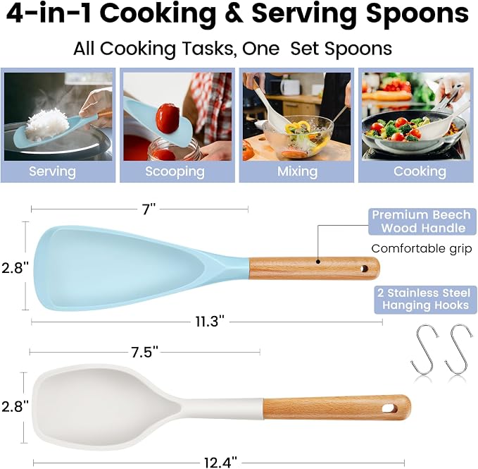 Large Silicone Cooking Spoons Set, 2 Pcs Heat Resistant Serving Spoon, Multifunction Nonstick Spatula Spoon, Kitchen Cucharras de Silicona Cocina for Mixing, Stiring, Basting, Scooping, Scraping