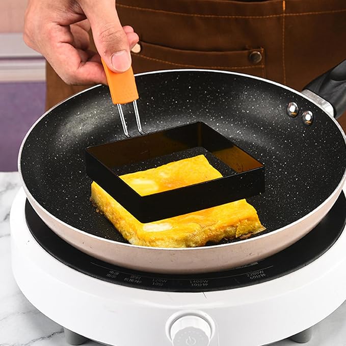 4 Pack Stainless Steel Square Egg Mold & Round Omelet Ring - 4 Inch Large, Non-stick, Silicone Insulated Handle, Includes Oil Brush & Egg Separator