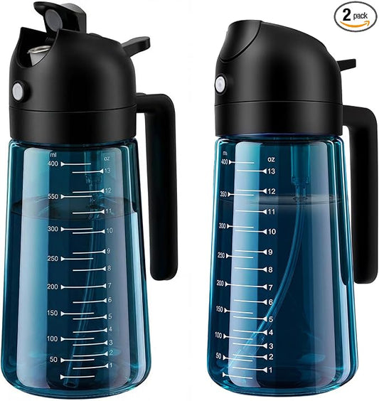 Glass Olive Oil Sprayer for Cooking (16oz/470ml), 2 in 1 Olive Oil Dispenser Bottle for Kitchen Gadgets and Air Fryer Accessories, Salad, BBQ (2-Pack, Blue Black)