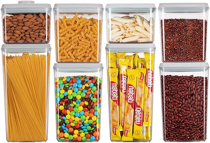 Food Storage Containers Pop Airtight Food Storage Containers with Lids for Kitchen Pantry Organizing Cereal Snack Flour Sugar Coffee Spaghetti Stackable - 8 Pcs (1.2, 2.0, 2.7, 3.3qt)*2