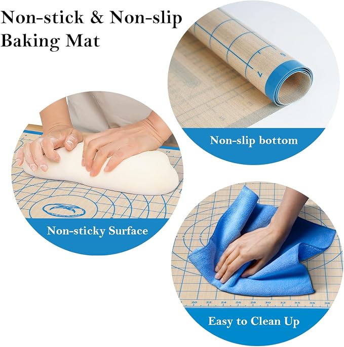 Silicone Baking Mat Set, 28x20 & 16x12 Inch, Blue (2 Pack) | Food-grade silicone; non-stick, non-slip; pastry dough kneading; printed measurement guides
