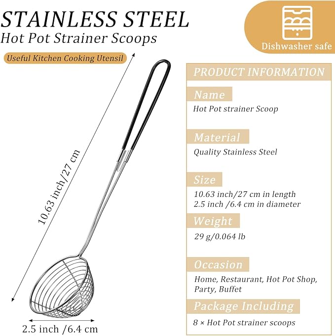 Geiserailie 8 Pieces Hot Pot Kit Strainer Scoops Stainless Steel 2.5 Inch Mini Spider Strainer Skimmer Pasta Mesh Spoon Asian Skimmer Spoon Ladle with Handle for Home (Black)