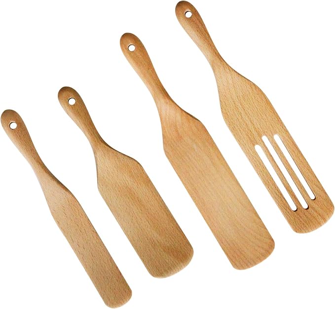 Wooden spurtles set 4pcs of Cooking Utensils,Natural beech Spatulas for cooking, wood spoon for cooking,Slotted Spurtles kitchen tools for Stirring, Mixing