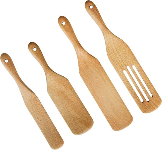 Wooden spurtles set 4pcs of Cooking Utensils,Natural beech Spatulas for cooking, wood spoon for cooking,Slotted Spurtles kitchen tools for Stirring, Mixing