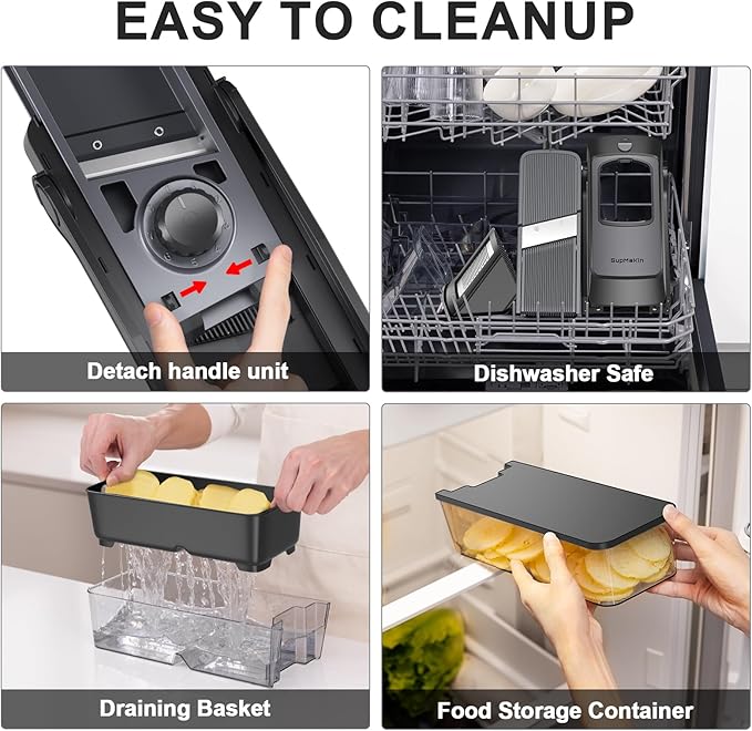 SupMaKin Upgrade Larger Safe Mandoline Slicer with Cheese Grater Potato Slicer for Chips, Vegetable Slicer,Thickness Adjustable 0.1-8 mm, Drain baskets and containers (Only Slicer) Black