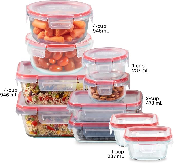 Pyrex Freshlock (10-Pack) Mixed Sizes Airtight Glass Food Storage Set | Plastic BPA-free leakproof locking lids