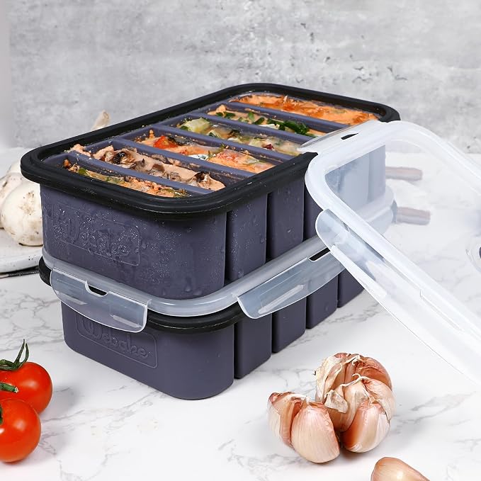 Webake 1/2 Cup Premium Silicone Freezer Trays with Clip-Lock Plastic Lids, Pack of 2 | Easy-Release Molds for Soup, Broth, Fruits & Leftovers, Perfect for Meal Prep & Food Storage