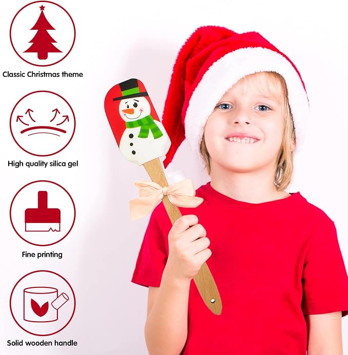 Silicone Spatula, Caliamary 3 Pieces Kitchen Silicone Spatula Set, Christmas Cake Decorating Spatula with Wooden Handle, Snowman Gingerbread Man and Santa Claus Pattern (Snowman)