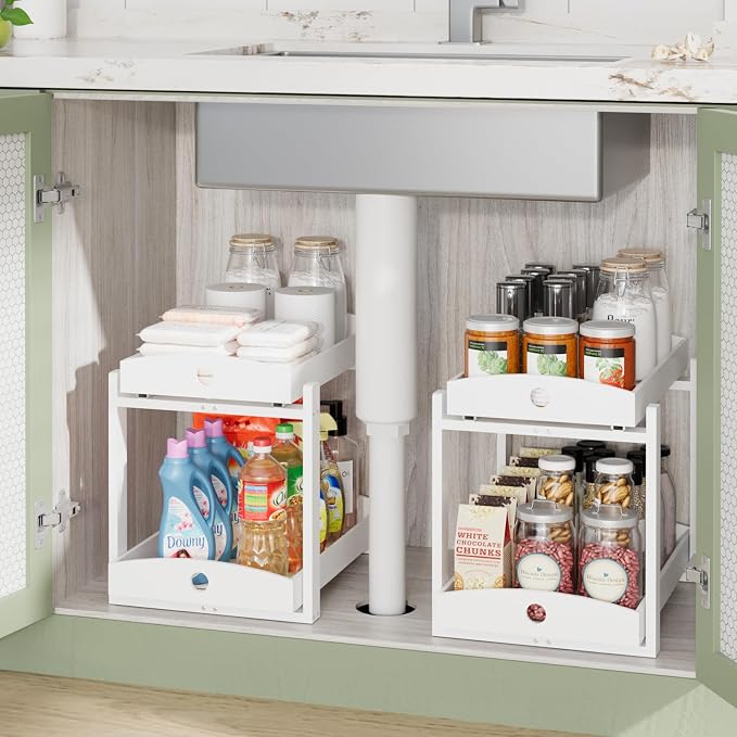 2 Pack Bamboo Under Sink Organizer, 2-Tier Pull-Out Drawers, Kitchen & Bath | Pull-out drawers keep cleaners and tall bottles visible, organized and easy to reach in kitchen or bathroom cabinets