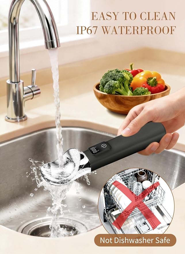 Heated Ice Cream Scoop Rechargeable, Electric Ice Cream Scoop for Hard Icecream and More with LED Display, Self-Warming Heats To 158℉, IP67 Waterproof Easy To Clean, Ideal Kitchen Gifts (Black)