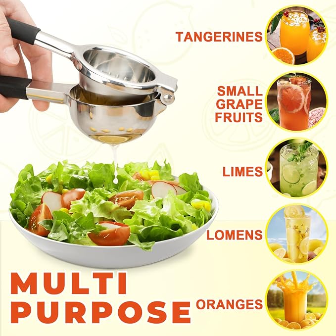 SHIKORI Lemon Squeezer, Large Heavy Duty Handhelp Juicer for Lemon, Stainless Steel Hand Press Citrus Juicer, Lime Squeezer Bar Tool, Manual Citrus Press (Silver & Black)