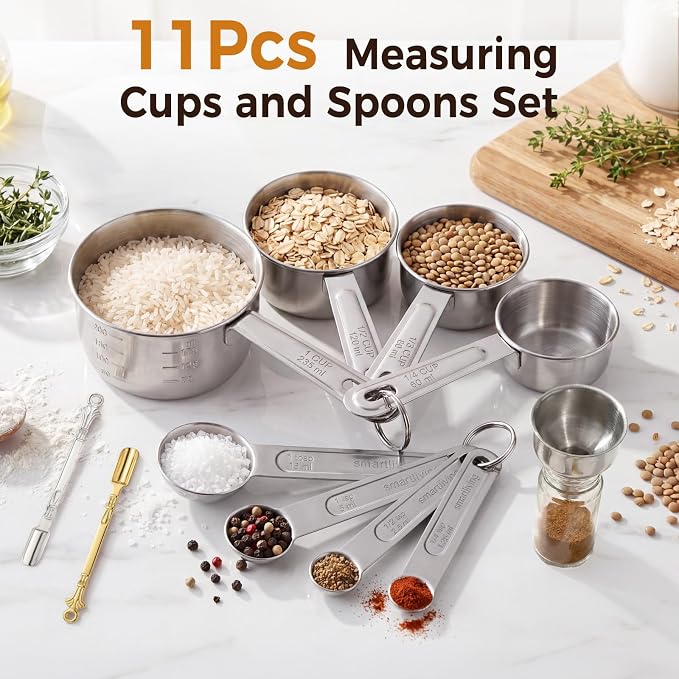 11 PCS Measuring Cups and Spoons Set with Funnel & Mini Spoons for Baking | Stainless Steel Build, For Dry & Liquid Ingredients, Dishwasher Safe, Clear Markings for Reading, Gift for Bakers & Cooks