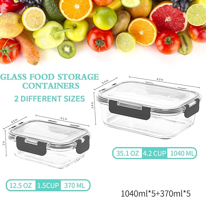 10-Pack Large Glass Meal Prep Containers, Food Storage Containers with Lids | Pantry Kitchen Organizers and Storage, Glass Lunch Bento Boxes for Microwave, Oven, Freezer and Dishwasher, Leak Proof, Grey