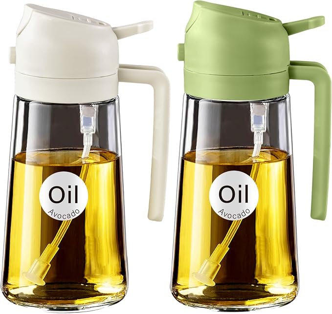 YARRAMATE 2Pcs 16oz/470ml 2 in 1 Oil Sprayer for Cooking with Stickers, Food-grade Glass Oil Spray Bottle, Oil Dispenser and Oil Sprayer for Kitchen, Salad, Frying, BBQ (White & Green) | Food-grade dispenser bottle, 470 ml, spray and pour, portion cont...