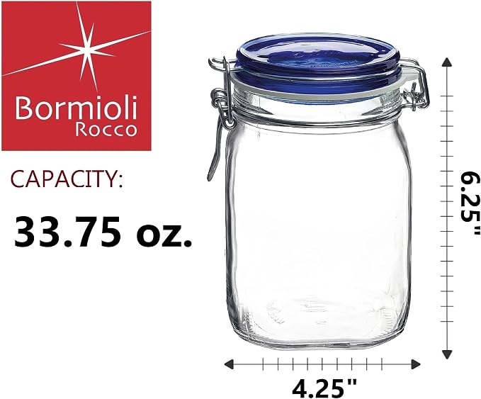Bormioli Rocco Fido Glass Jar, Blue Lid - Serving & Entertaining Container - 33.75 oz Airtight Clamp Canister for Appetizers, Desserts, Snacks & Gifting - Italian Glass, Dishwasher Safe