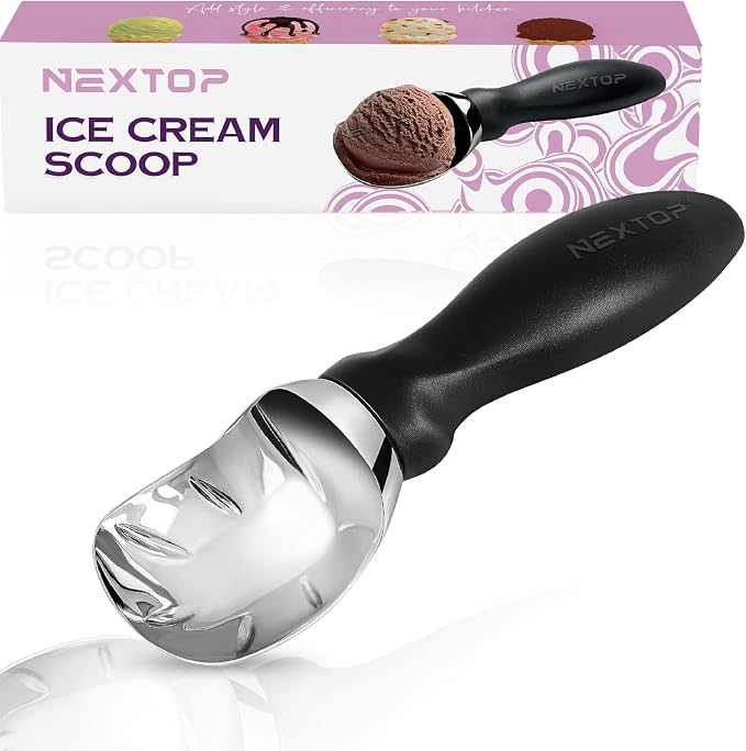 Nextop Ice Cream Scoop with Comfortable Handle - Ergonomic Spoon, Durable Perfect Metal Round Round Scoops Ideal for Ice Cream, Sorbet, Gelato Perfect for Home Use, Kitchen Essential. (Black)