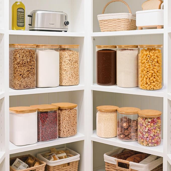 ComSaf Glass Storage Jars with Bamboo Lids 4.6 Qt Large Pantry Square | Cabinet Organization, Flour Sugar Coffee Beans, Pasta Cereal Dry Food, Big Capacity, Dry Food Storage