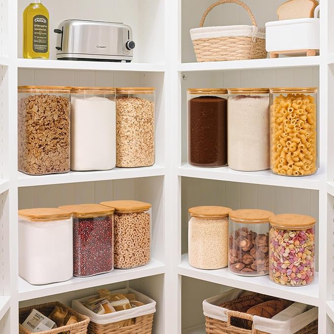 ComSaf Glass Storage Jars with Bamboo Lids 3.9 Qt 2 Pack Large Pantry Round | Flour sugar coffee beans, Pasta cereal dry food, Large capacity, Kitchen storage, Cabinet organization,Clips included