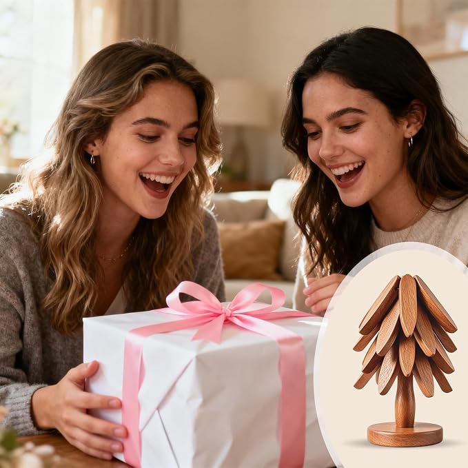 Wooden Tree Trivet Set - 4 Heat-Resistant Sapele Wood Trivets with Stand for Hot Pots and Pans, Kitchen Countertop Protection, Christmas Tree Design Wooden Pot Holders