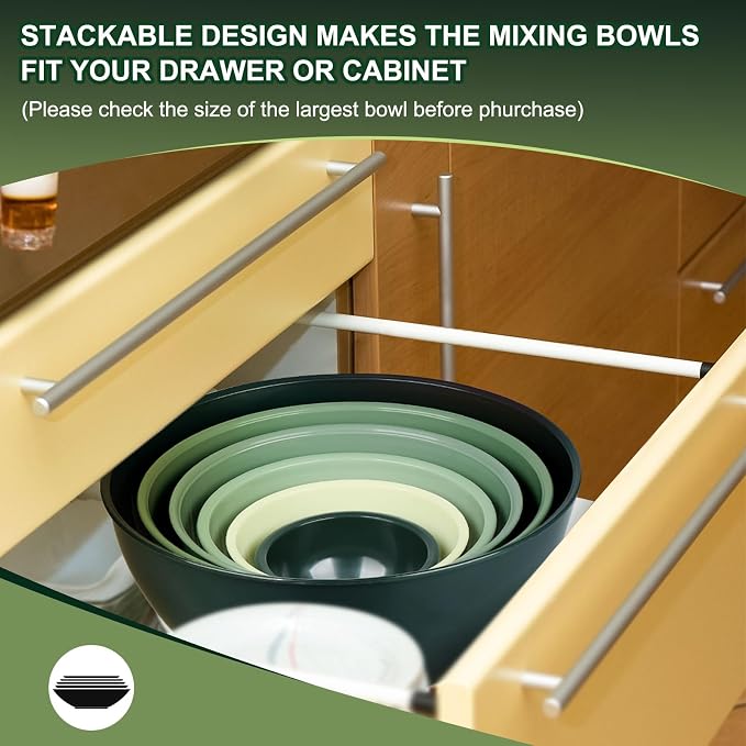 Greentainer Plastic Mixing Bowls with Lids Set for Kitchen, 6 Set Nesting Bowls for Mixing, Baking, Prepping, Cooking and Serving Food, Mixing Bowls Dishwasher, Microwave Safe
