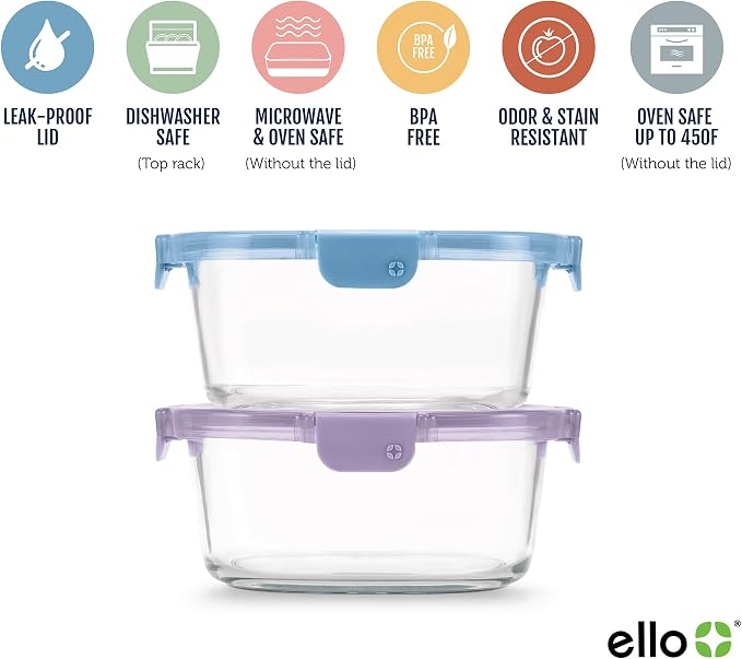 Ello Color Lock 7 Cup Glass Meal Prep Containers & Lids, 2 Pack, Slate/Wisteria