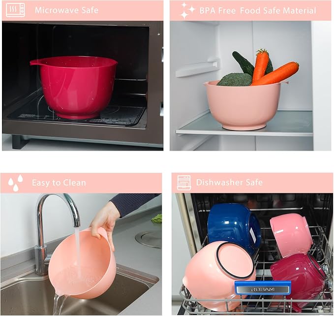 BoxedHome Classic Mixing Bowls Set of 4, BPA Free Plastic, Microwave Safe | 4.5, 3.5, 2.5 and 1.7 Quarts, Non-slip Base Large Non-toxic Nesting Bowl with Pour Spout, Dishwasher Safe, for Prep, Cooking