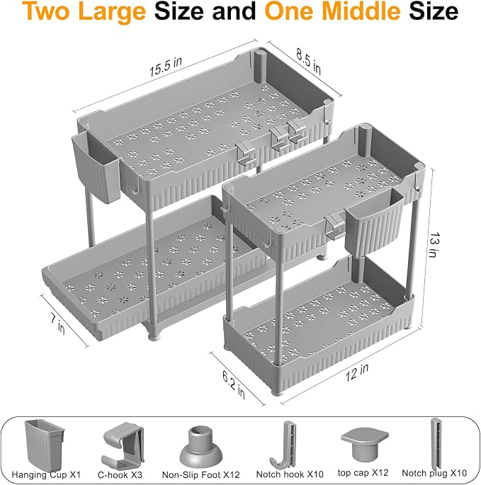 3-Pack 2-Tier Under Sink Organizers with Sliding Drawers | Multi-use kitchen & bathroom storage, 12.8 inch gray cabinet organizer, space-saving sliding drawer design.