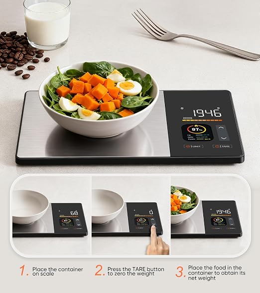 Smart Nutrition Food Scale with TFT Display, Tracks Calories, Fat, Carbs & Protein, Works with App for Daily Reports, 50 Built-in Foods, 23 Nutrients, Digital Kitchen Scale for Meal Prep