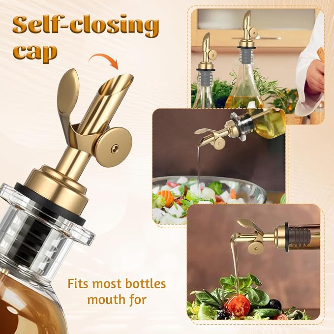 2 PCS Oil Spout, Olive Oil Pour Spout, Self Closing Liquor Bottle Pourers, Weighted Stainless Steel PourerSpout, Vinegar, Syrup, Gold and Silver