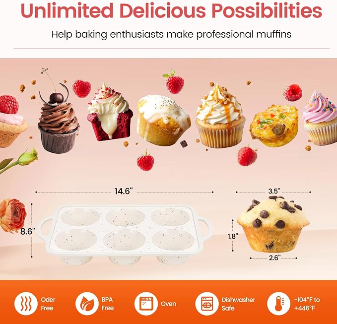 Silicone Muffin Pan with Metal Reinforced Frame - Muffin Pan for Homemade Muffins, Cupcakes, Muffin Cakes, and Bread, Oven and Dishwasher Safe (Jumbo: 6 Cups×1pack)