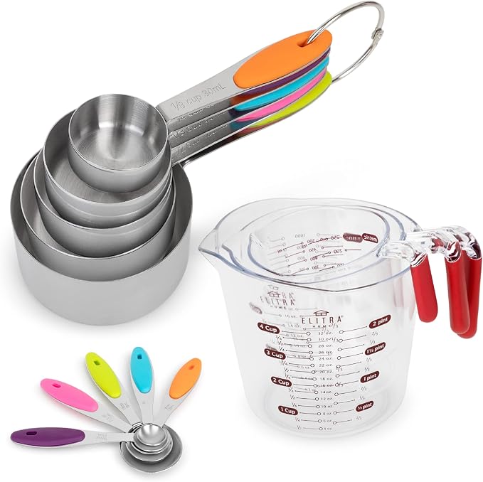 Elitra Home Complete Measuring Set, 13-Pack Stainless Steel Cups, Spoons, Plastic Measuring Pitchers with Spout - Engraved Measurements, Non-Slip Handles - Cooking & Baking Essentials | 13-Piece Measuring Set, 304 Stainless Steel Cups & Spoons, Engrave...
