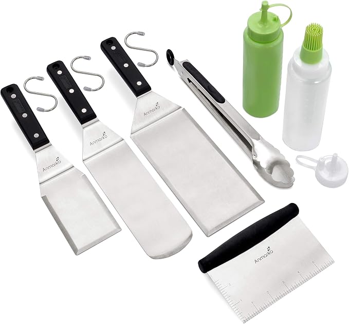 Metal Spatula Set - Griddle Accessories kit - Grill Flat Spatula Pancake Flipper Hamburger Turner - Metal Utensil great for BBQ Grill Flat Top - Cast Iron Griddle Accessories - Commercial Grade