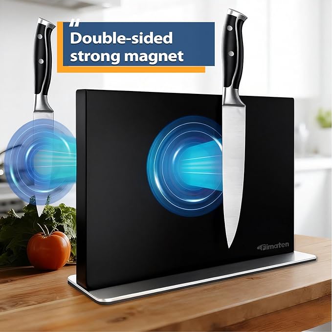 Magnetic Knife Block Stand Without Knives Stainless Steel 12 Inch Black Double Sided Home Kitchen Organizer Storage Knife Holder Board for Counter Top with Strong Magnets