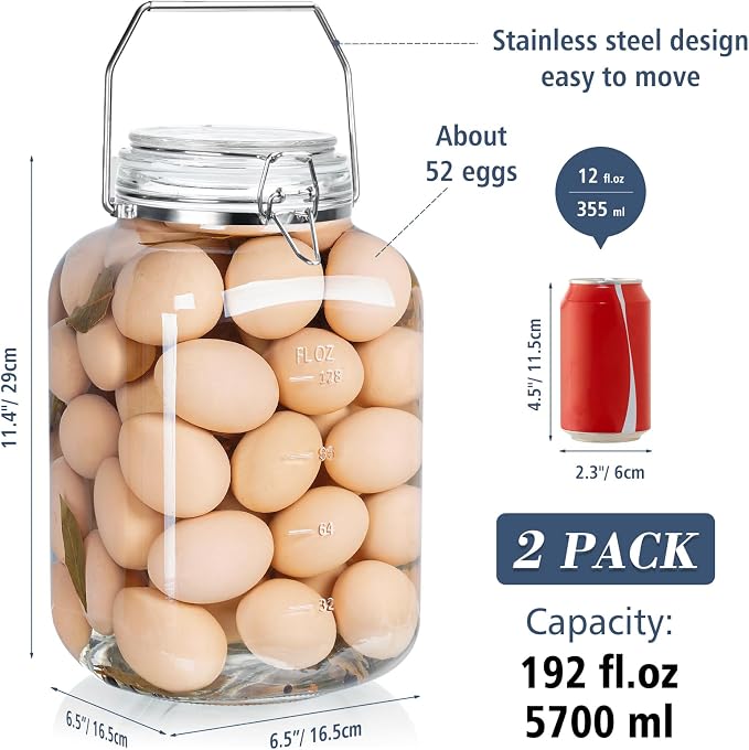 Folinstall 1.5 Gallon Glass Jar with Lid, Wide Mouth Mason Jars, 2PCS | Airtight Lid & Stainless Handle, 4.3" Large Opening, 2 Measurement Marks, BPA-Free, Glass Storage Containers, Dishwasher Safe