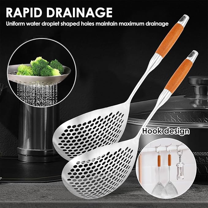 2 Pcs Skimmer Slotted Spoon, Skimmer Spoon, 16.4" Strainer Spoon Pasta Strainer/Frying Spoon with Anti Scald Wood Handle, Heat Resistant Skimmer Ladle Spoon for Cooking, Kitchen Metal Scoop Colander
