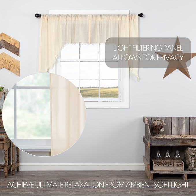 VHC Brands Tobacco Cloth Fringed Farmhouse Decor Kitchen Swag Prairie Panels Door Window Tier Set Curtains for Kitchen Bedroom Bathroom Living Room Dining (Natural, Classic Swag Set)