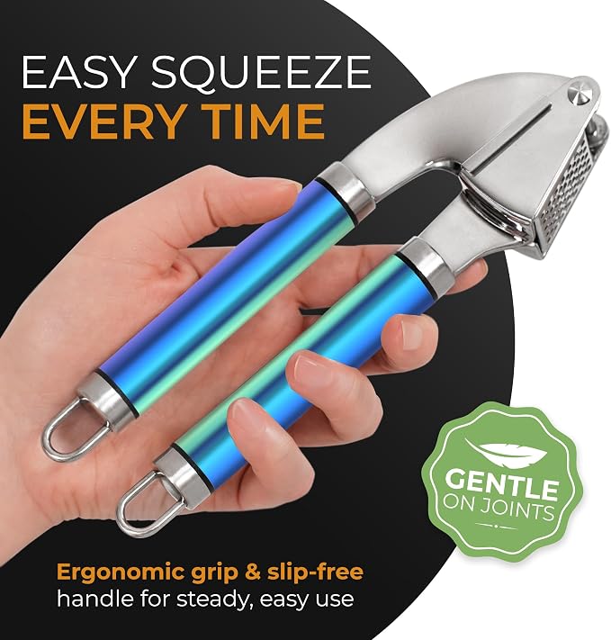 ORBLUE Garlic Press and Peeler Set, Stainless Steel - Professional Grade Mincer, Crusher - Dishwasher Safe & Rust-proof, Multi-colored