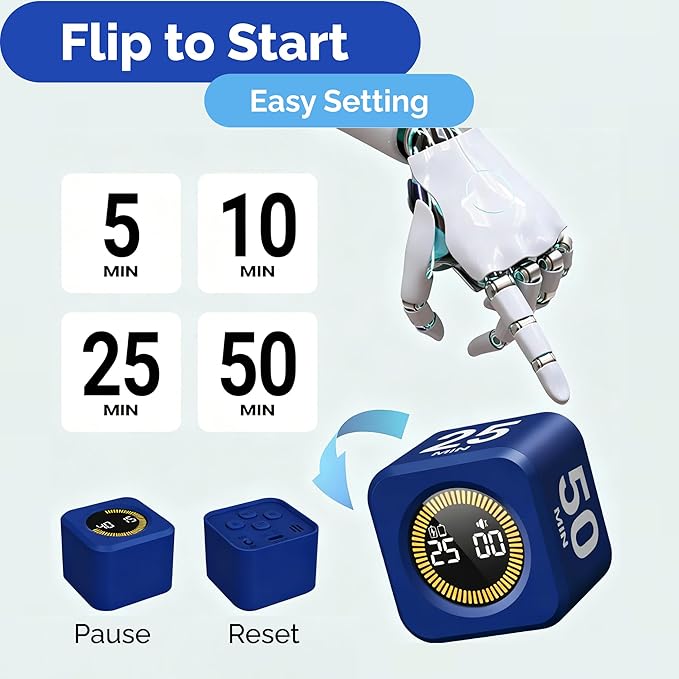 KADAMS Timer Pomodoro - Productivity Pomodoro Cube, 5/10/25/50 Min Countdown & Countup, Silent – for Work Study Workout Kitchen School Classroom Office ADHD Gift Kids (1, Navy Blue)
