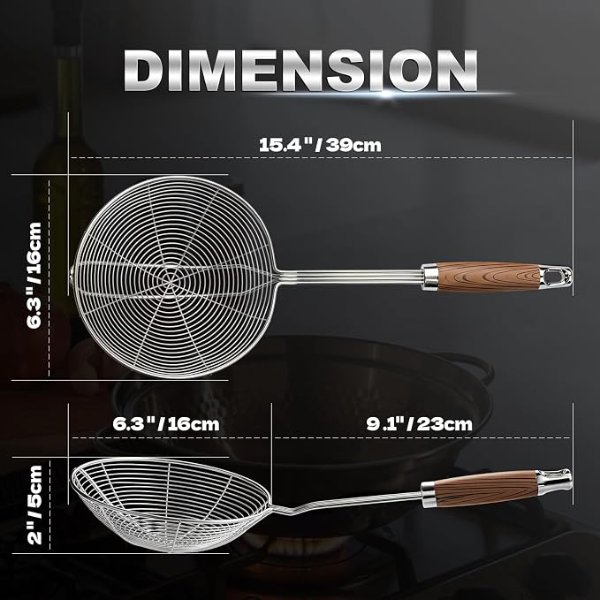 IQCWOOD Spider Strainer Skimmer Spoon, 6.3" Stainless Steel Fryer Scoop for Deep Frying, Pasta and Vegetable, Kitchen Utensil Wire Strainer Ladle