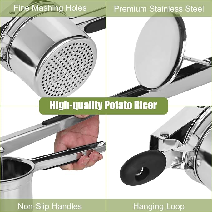 Large 15 oz Ricer for Mashed Potatoes, Stainless Steel Fixed Disc Potato Ricer for Mashed Potatoes, Easy to Clean and Dishwasher Safe, Suitable for Pumpkin, Sweet Potato, Baby Food