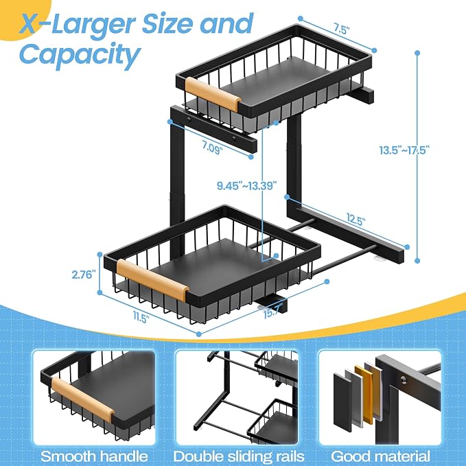 ADBIU Under Sink Organizer 2 Packs 2 Tier Expandable Height Under-Sink Organizers Slide Out Pull Out Organizer Shelf, Black