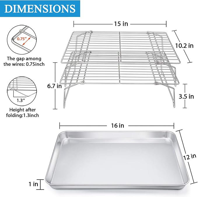 P&P CHEF 16 Inch Baking Sheet with Rack Set, Pans with Stackable Racks | 2 Baking Sheets + 2 Cooling Wire Racks, Dishwasher & Oven Safe, Non-toxic & Lasting Use, Fit for Regular Oven