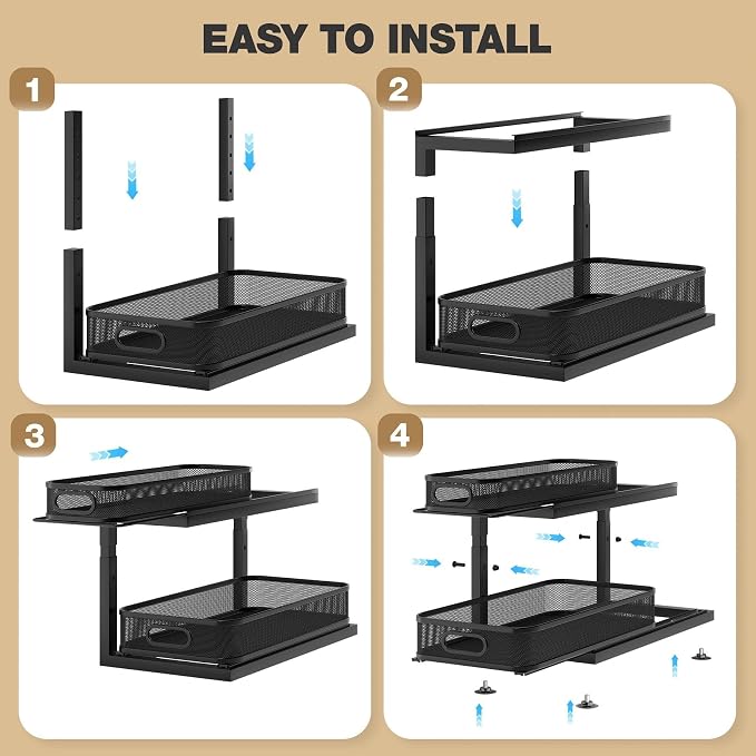 2-Pack 18.5 IN Depth Under Sink Organizer With Next-Gen Ball-Bearing Slides,Sophisticated Mesh 2-Tier Pull Out Shelf for Kitchen & Bathroom,Fits Small Items-Black