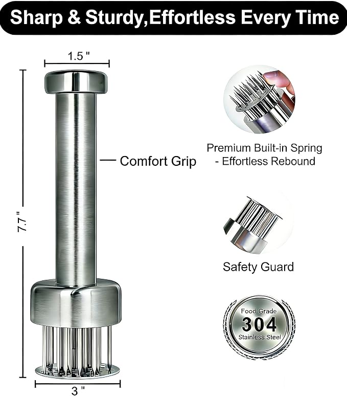 Meat Tenderizer with 21 Sharp Needles, Heavy-Duty Meat Tenderizer Tool with Auto-Rebound Safety Guard, Dishwasher Safe, Includes Cleaning Brush, Silver,304SS