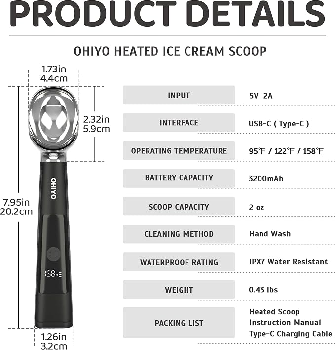 Heated Ice Cream Scoop Rechargeable, OHIYO Electric Icecream Scooper with 3 Temperature, LED Display & 3200mAh Fast Heating Scoop for Hard Ice Cream, Gelato, Frozen Yogurt & Sorbet (Black)